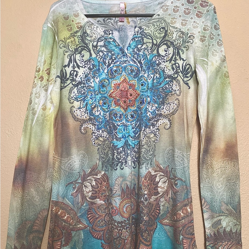 Kiara Embellished Long Sleeve Top - Blue and Brown